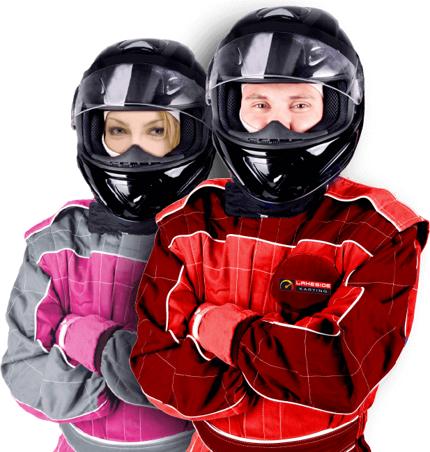 Two drivers in race suits and helmets